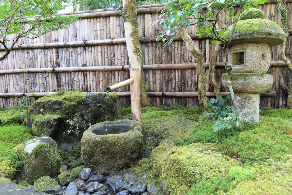 Peaceful Kyoto garden scene with bamboo, stone lantern, and moss-covered rocks.